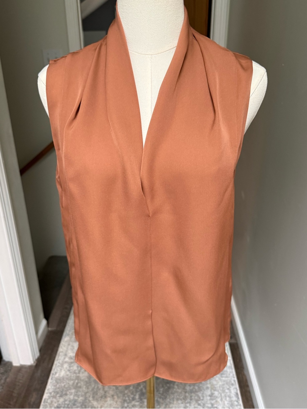 Vince Silk Sleeveless Drape Neck Blouse Terra Cotta color